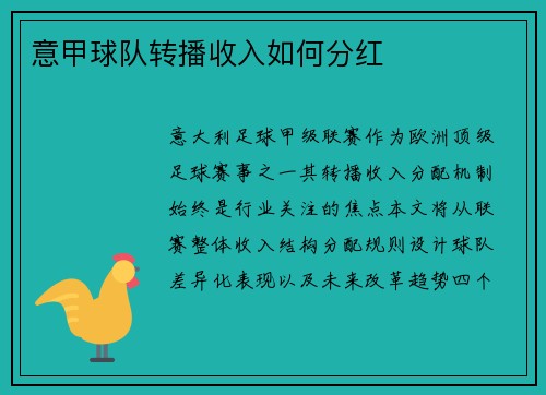 意甲球队转播收入如何分红