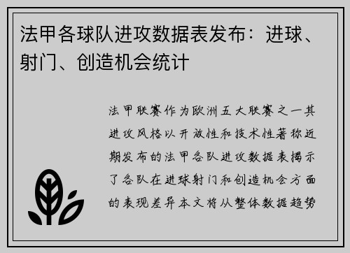 法甲各球队进攻数据表发布：进球、射门、创造机会统计